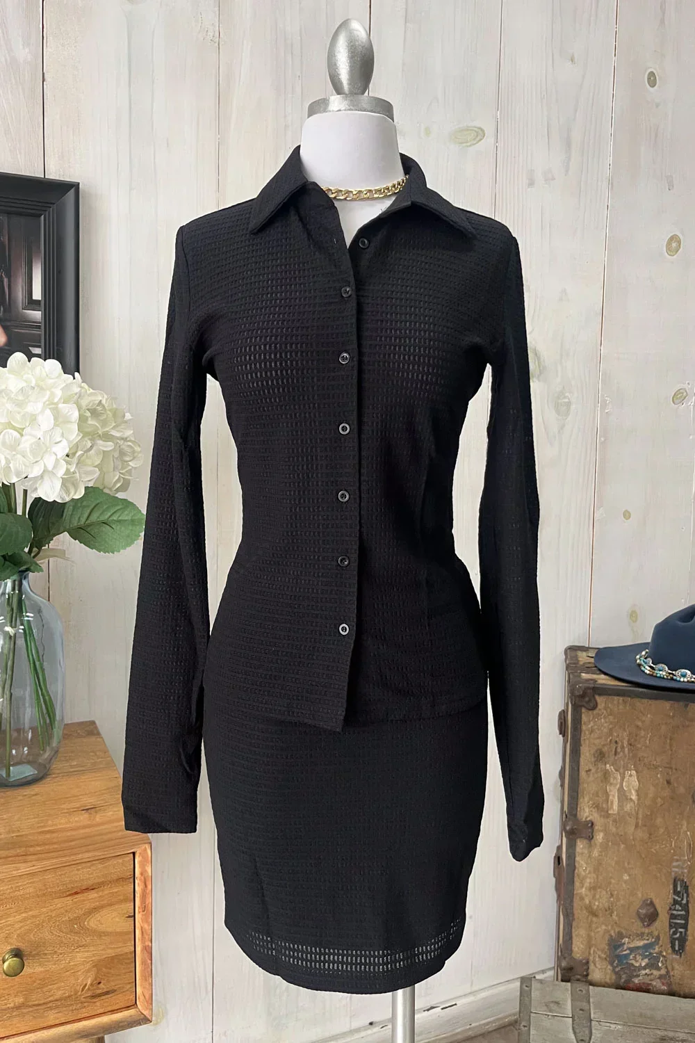 Textured Long Sleeve Button Front Shirt & Mini Skirt Set