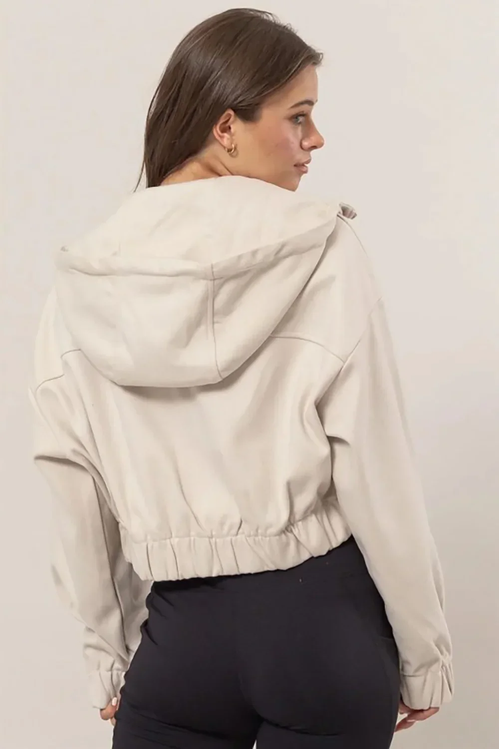 Heavy Weight Elastic Waist Side Pocket Zipper Up Hooded Crop Jacket