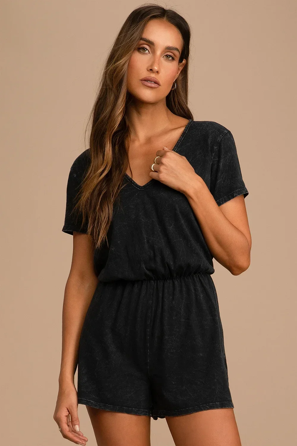 Black Acid Wash Open Back Tie Detail Short Sleeve Romper