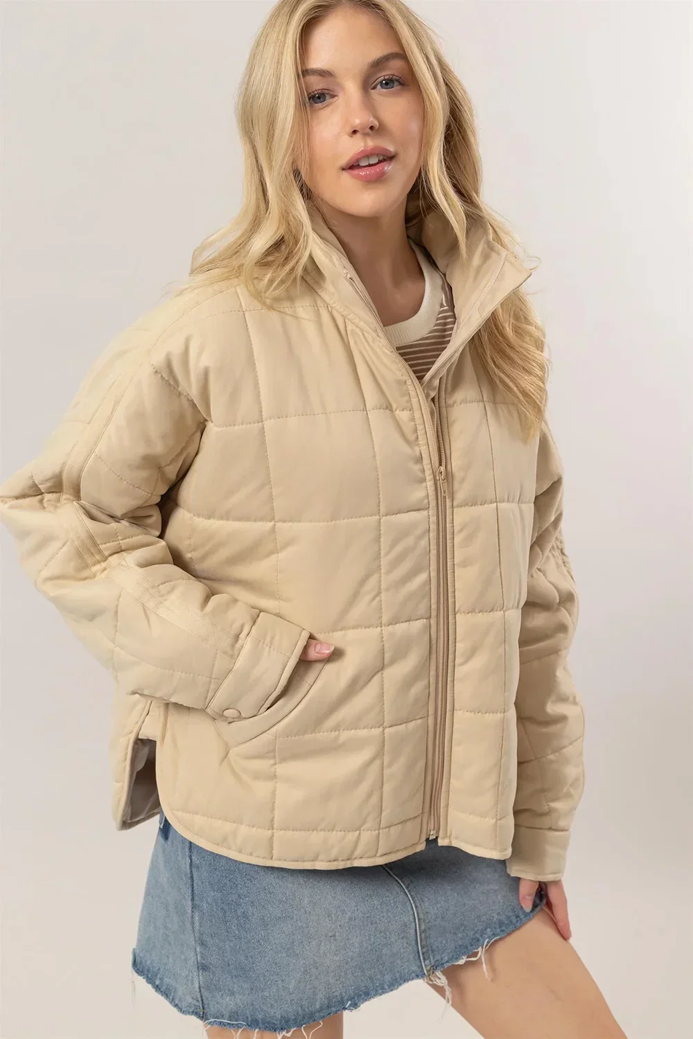 Cream Beige Quilted Lightweight Zip Up Neutral Fall Winter Puffer Jacket