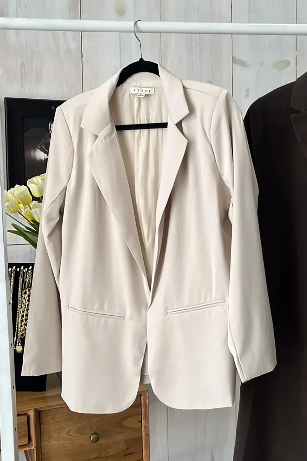 Ecru Beige Puff Shoulder Open Front Long Sleeve Structured Blazer