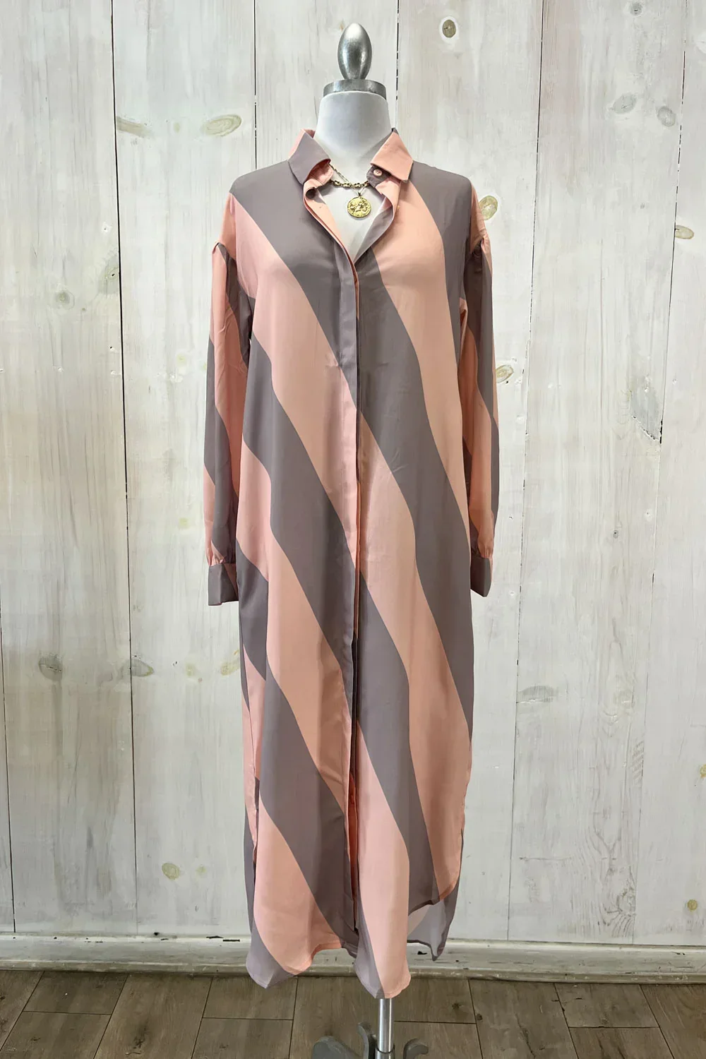 Striped Button Down Long Sleeve Collared Flowy Boutique Maxi Shirt Dress