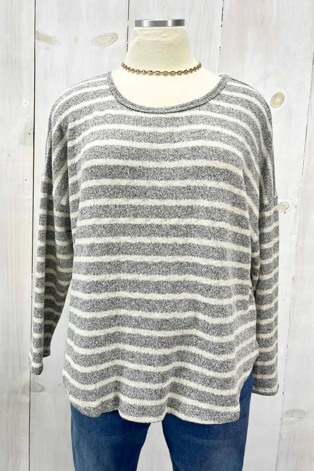 Plus Size Grey Cream Striped Long Sleeve Scalloped Hem Relaxed Fit Knit Top