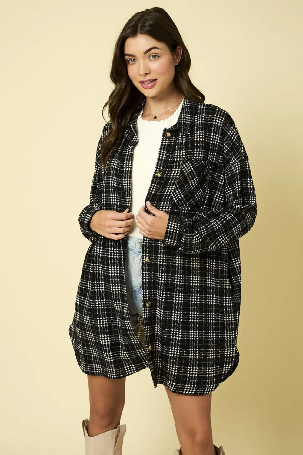 Plaid Button-Up Pockets Oversized Shirt Jacket