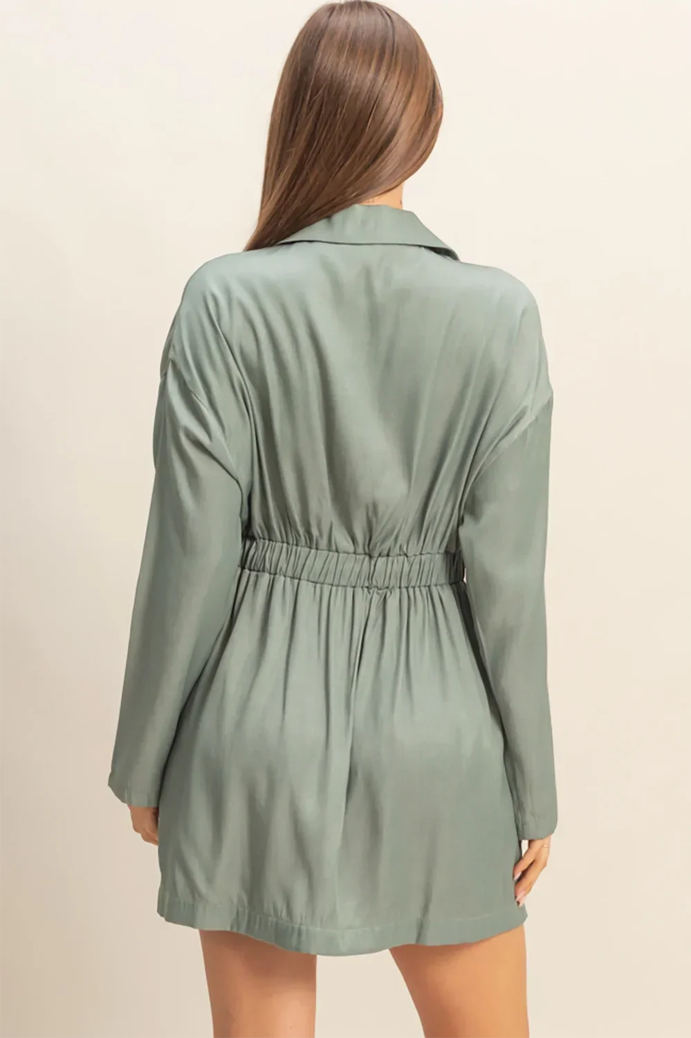 Long Sleeve Gold Button Ruched Waist Chambray Wrap Mini Shirt Dress
