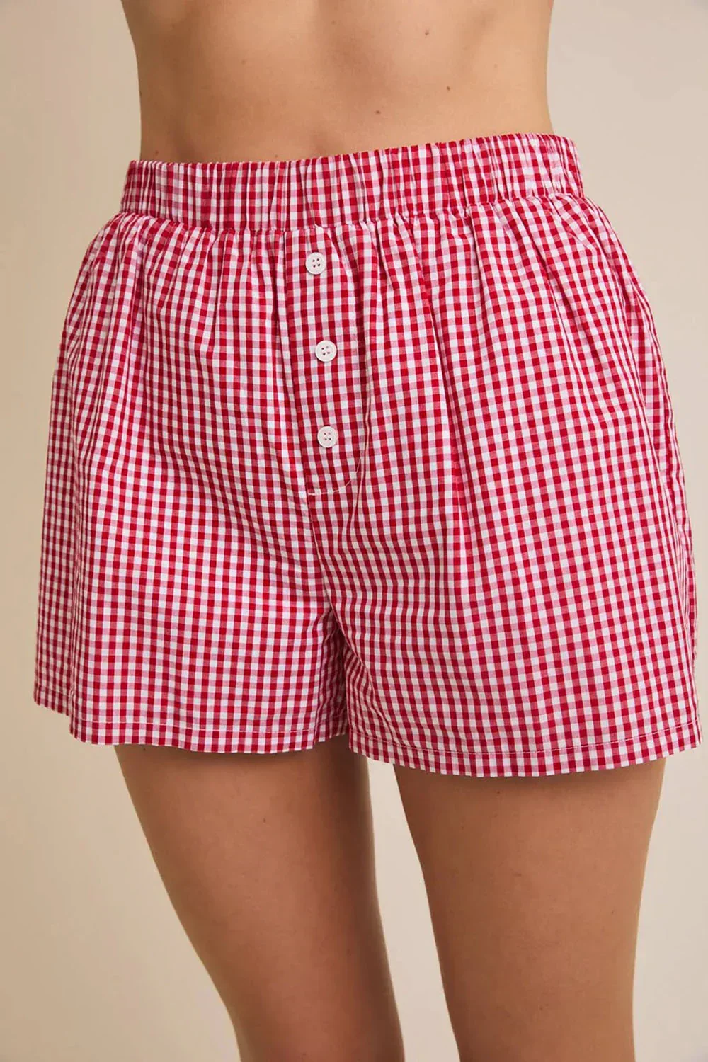 Plus Size Red Gingham Plaid Print Cotton Boxer Shorts - Vintage-Inspired Summer Comfort