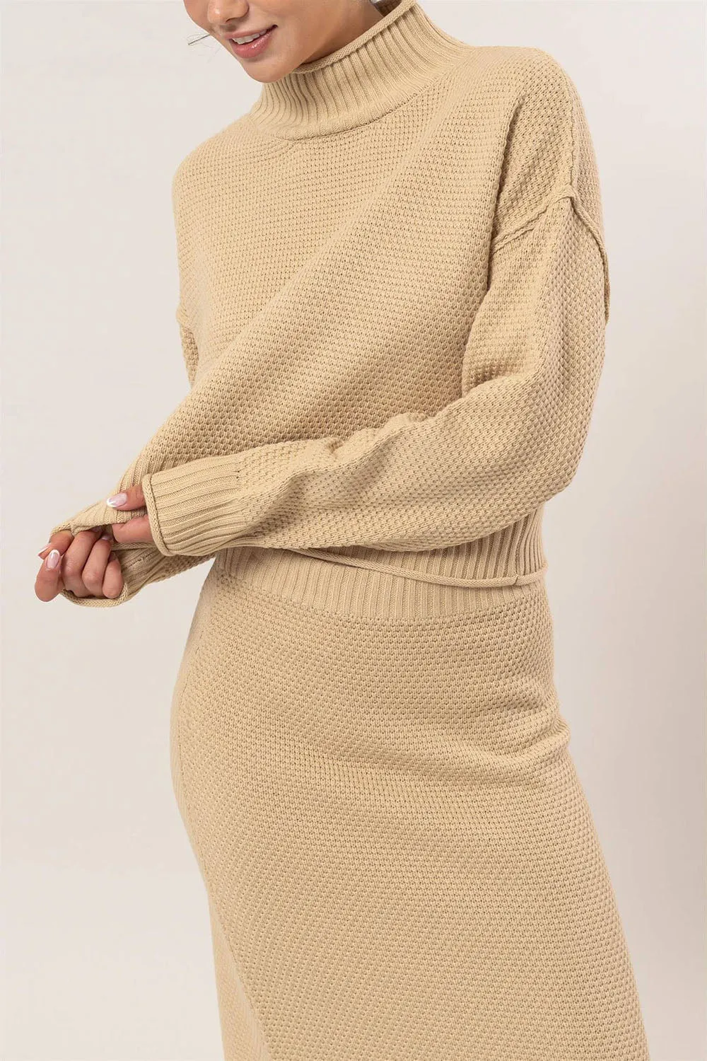 Oversized Turtleneck Sweater Matching Midi Skirt Knit Two Piece Set