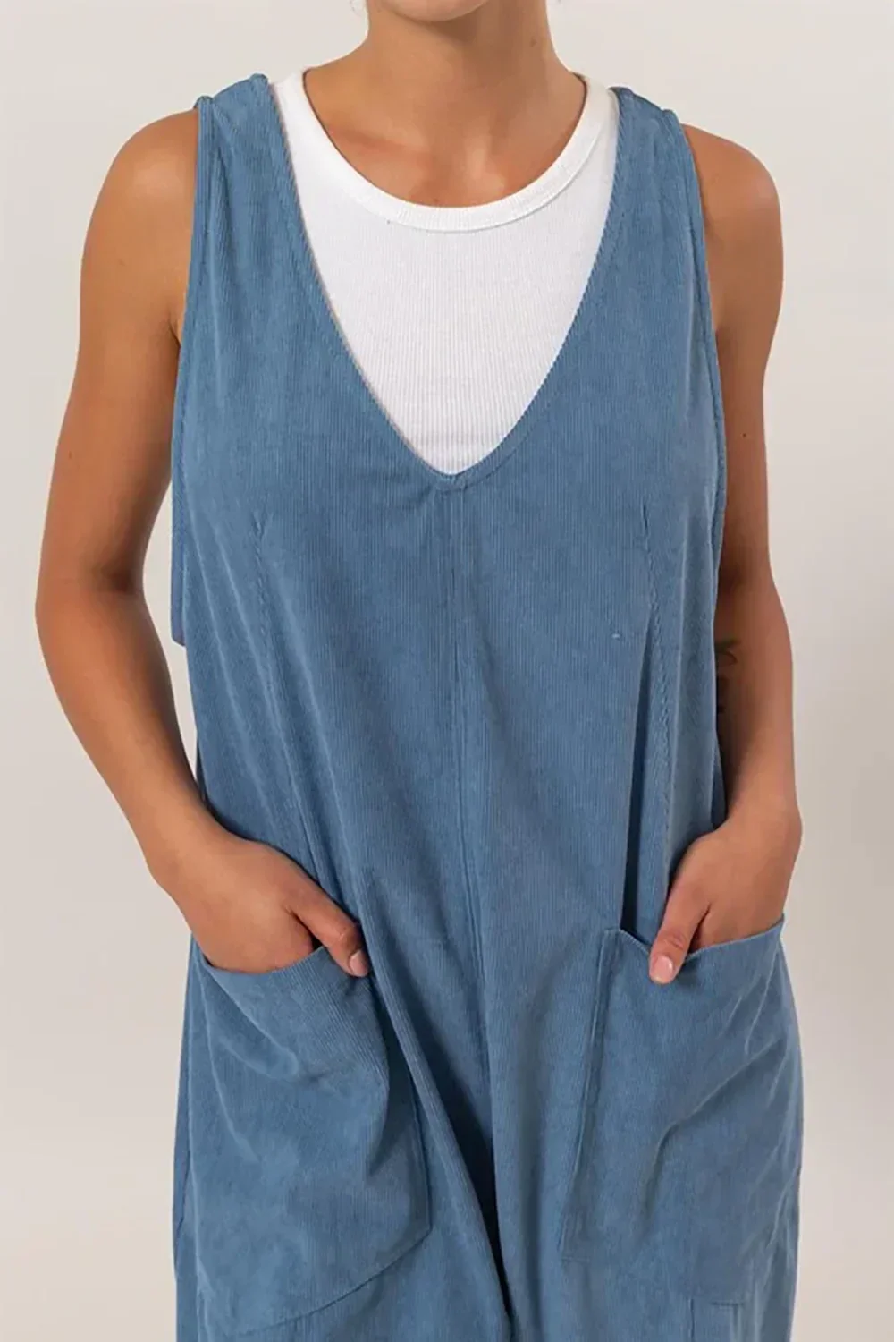 Corduroy Sleeveless V Neck Wide Leg Harem Overall Long Pants Jumpsuit