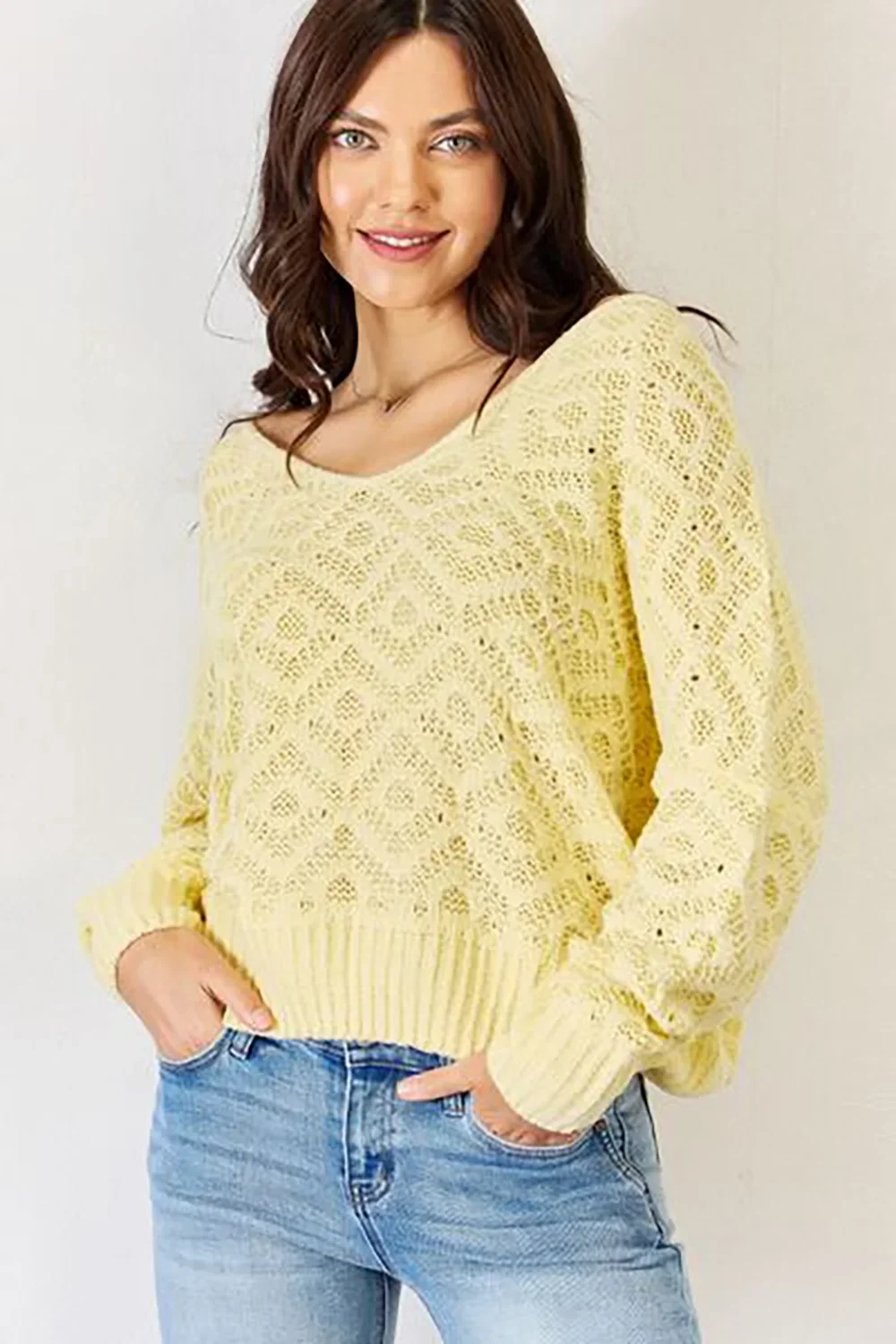 Lightweight Yellow Lace Knit Patterned Long Sleeve Pullover Wholesale Sweater