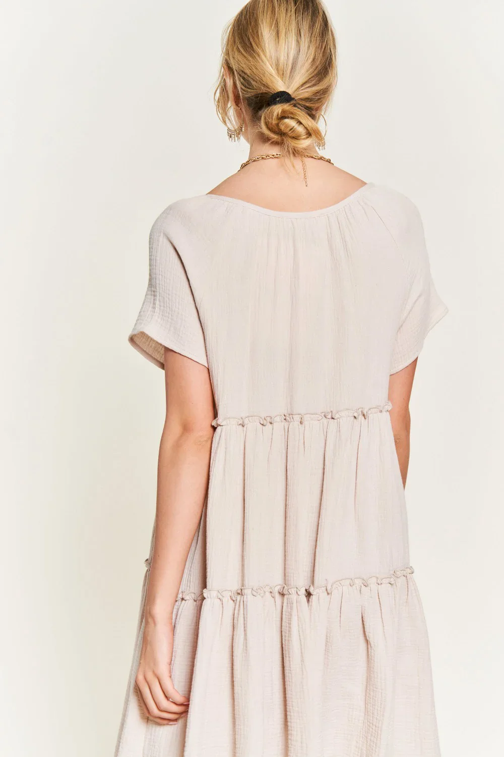 Plus Size Tiered Babydoll Short Sleeve V Neck Tassel Tie Casual Summer Swing Dress