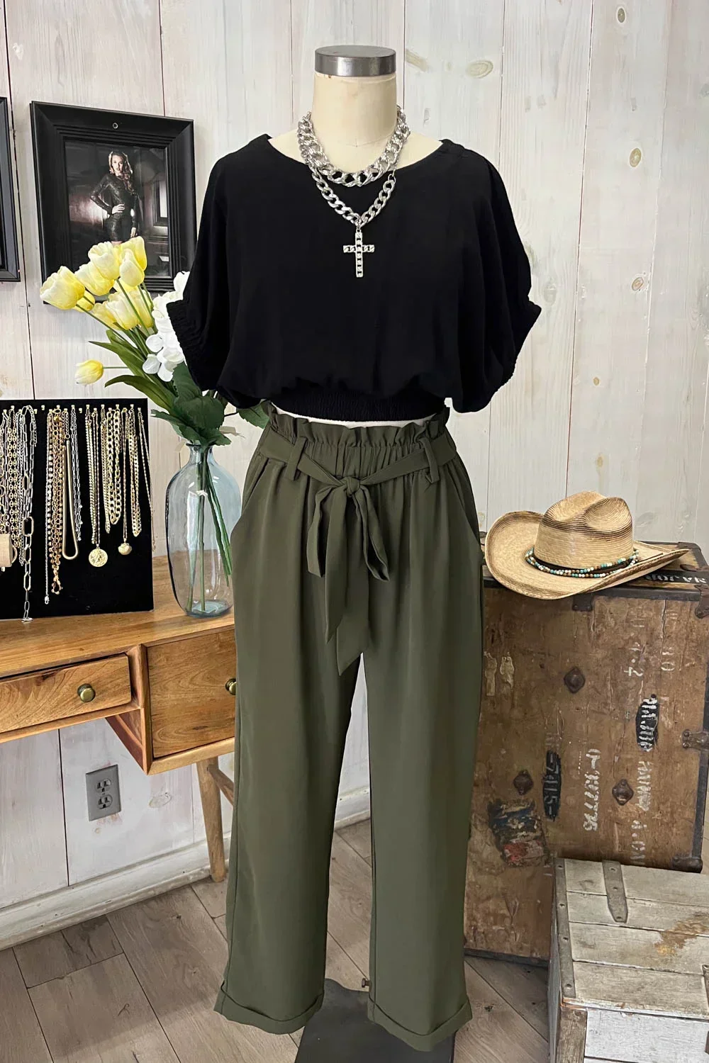 High Waisted Paperbag Waist Tie Belt Cropped Pants Trendy Trousers