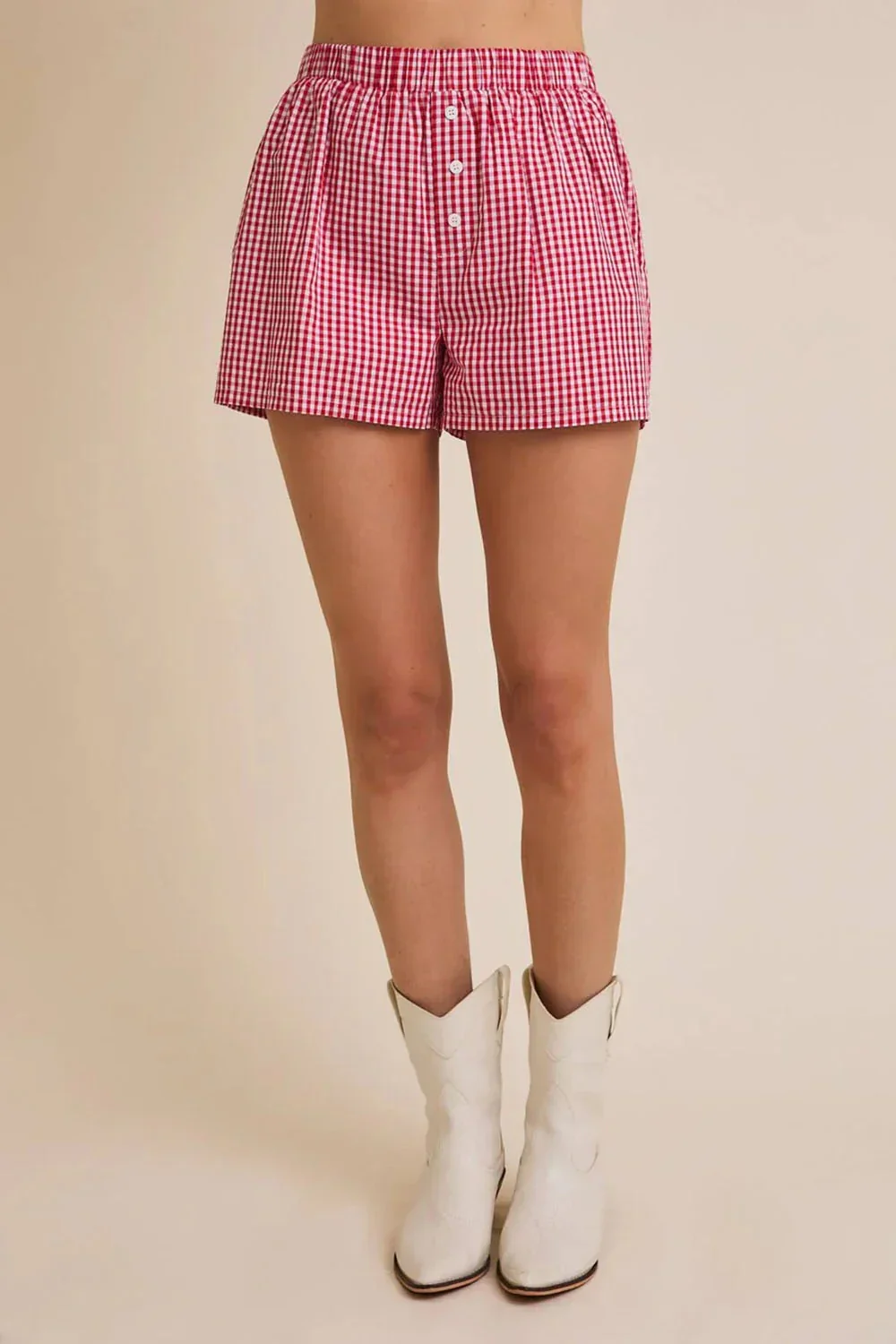Plus Size Red Gingham Plaid Print Cotton Boxer Shorts - Vintage-Inspired Summer Comfort