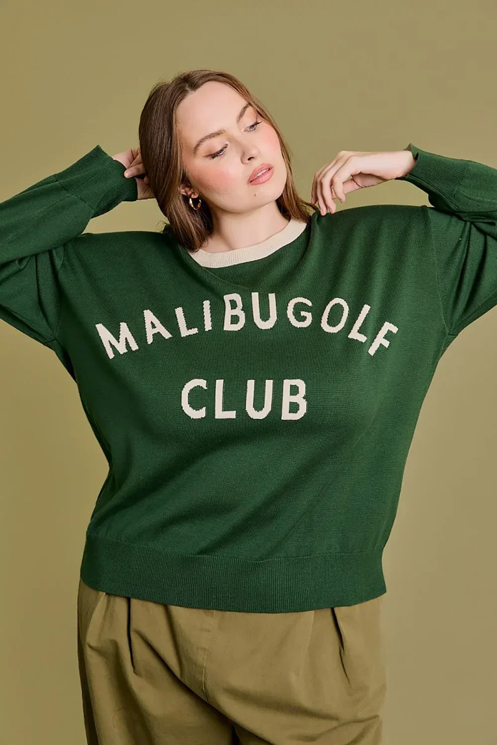 Plus Size Malibu Golf Club Graphic Knit Long Sleeve Crew Neck Relaxed Fit Sweater