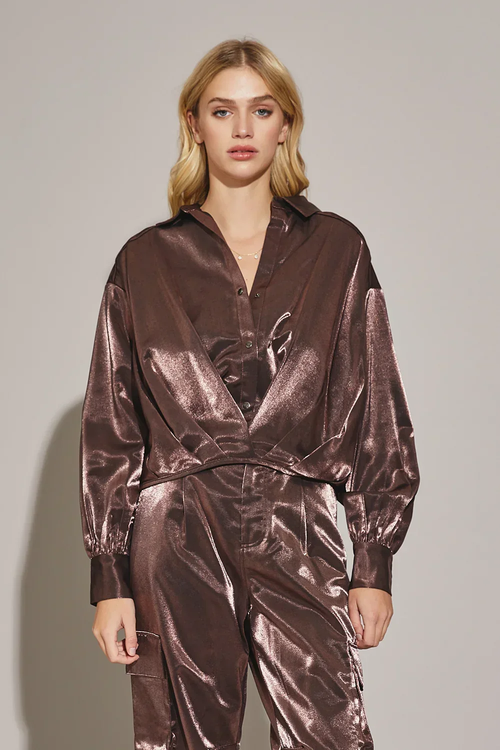 Liquid Metal Oversized Button Snap Metallic Glamour Top