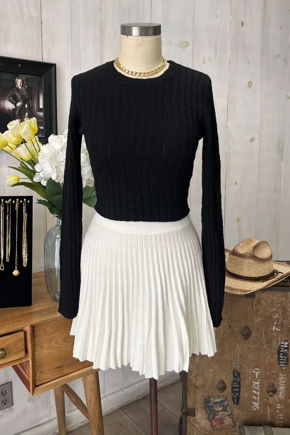 High Waisted Pleated Knit Mini Boutique Sweater Skirt