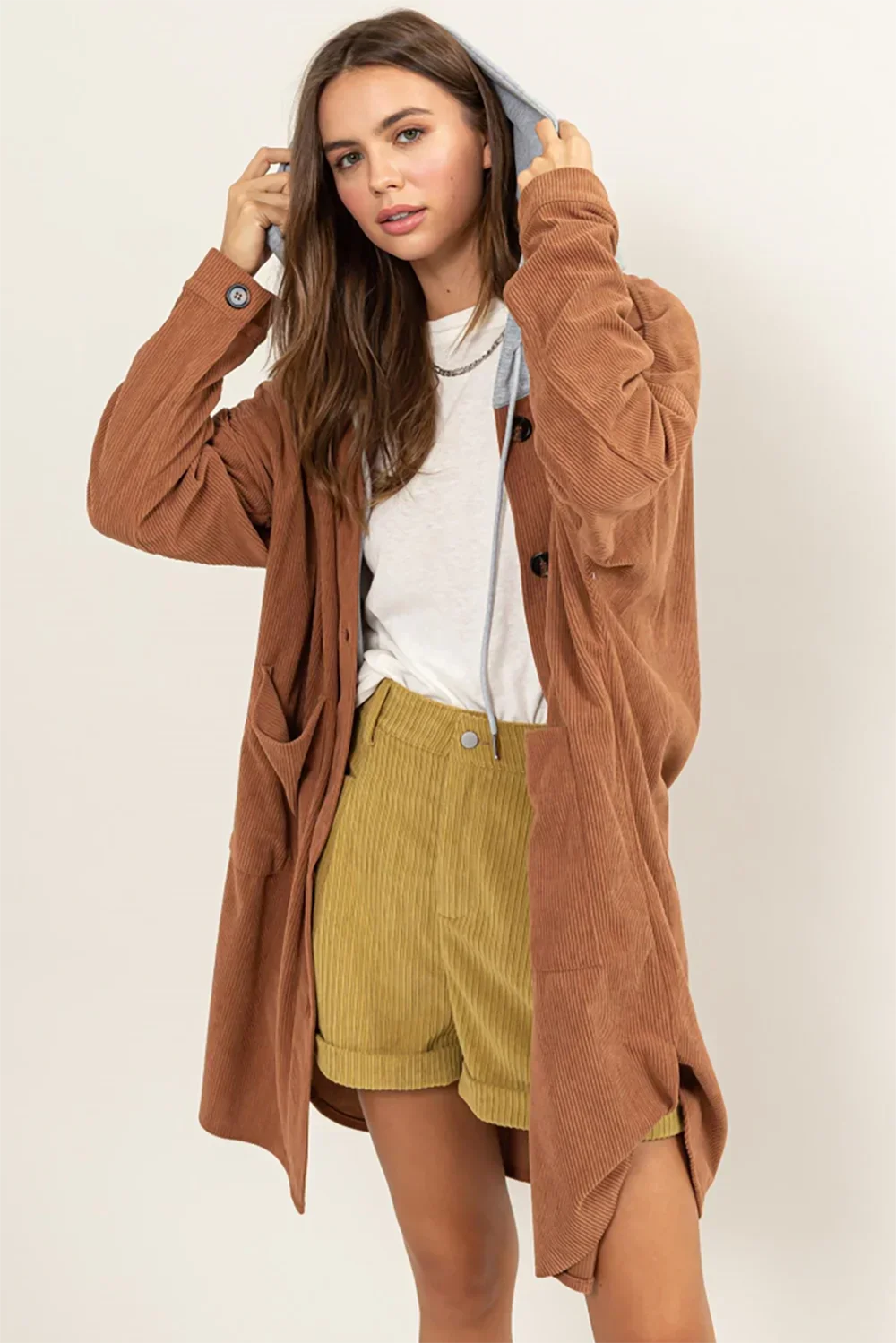 Oversized Corduroy Hooded Button Front Long Cardigan Jacket