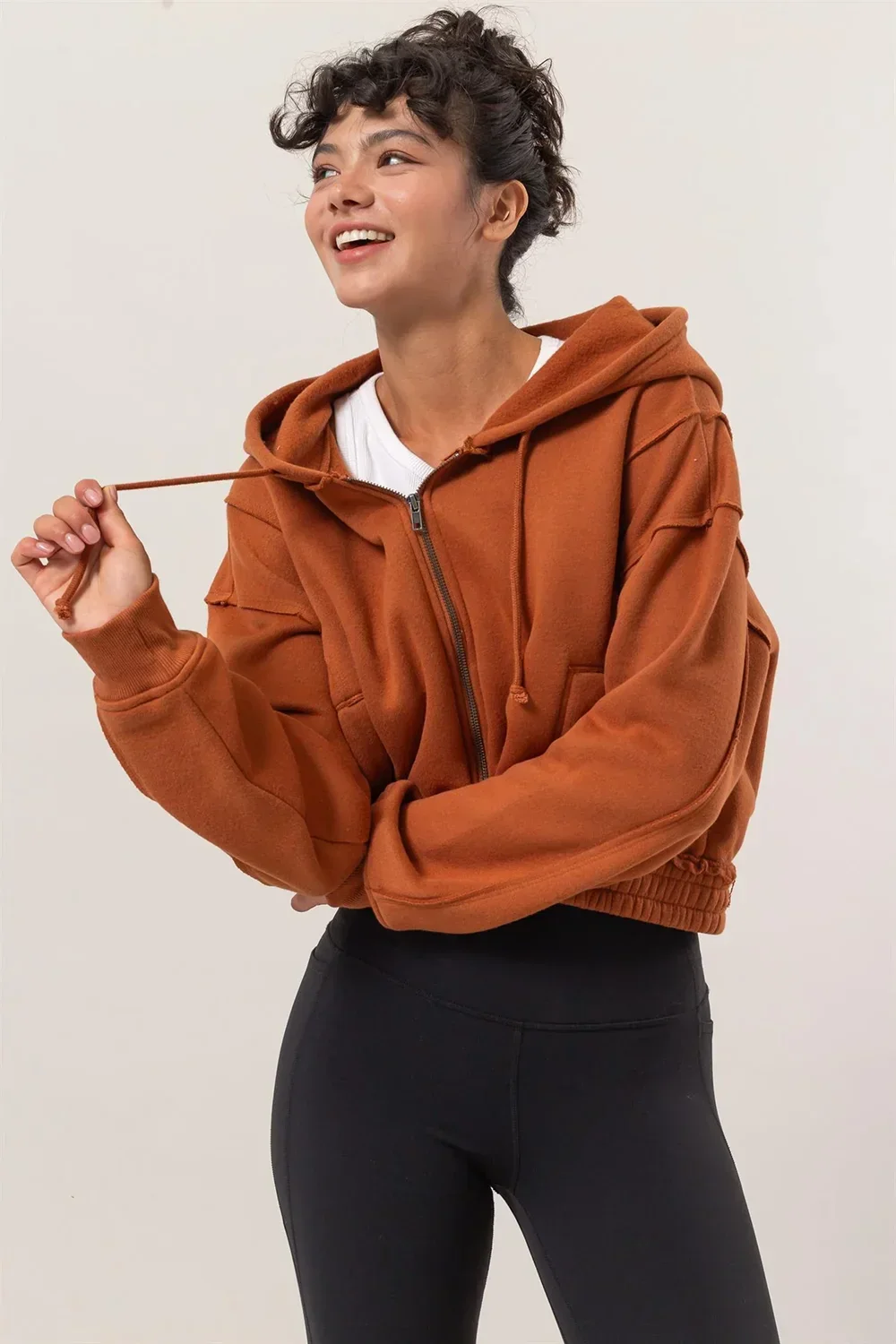 Cropped Zip Up Trendy Seam Detailing Fleece Fall Hoodie Jacket