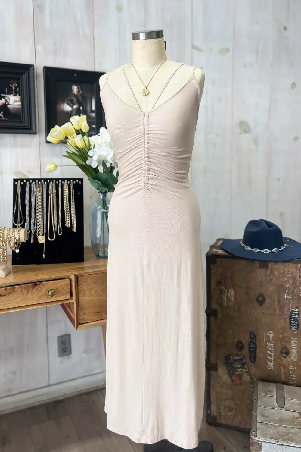 Darling Ribbed Knit Ruched Center V-Neck Lace Up Back Bodycon Midi Dress