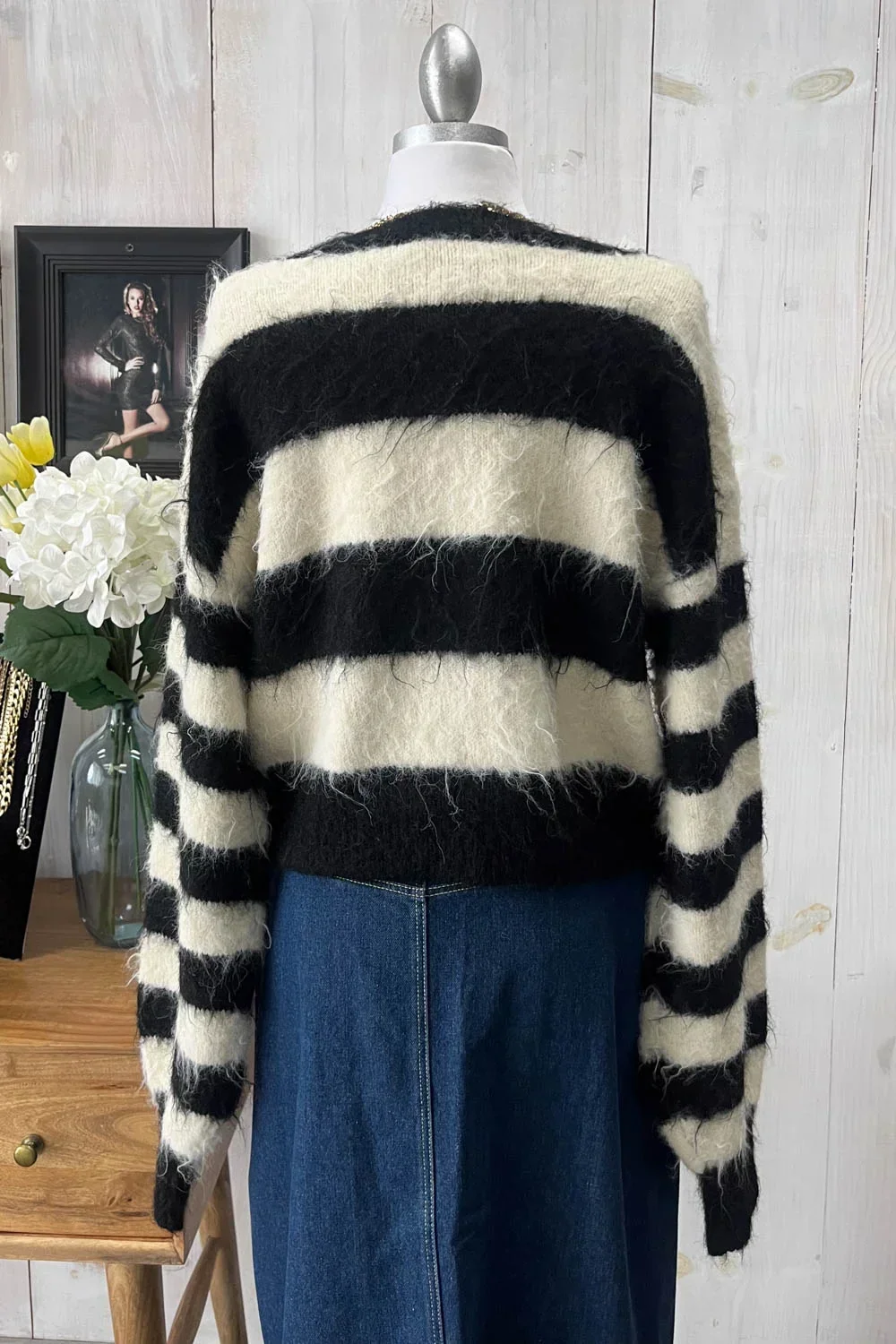 Black White Striped Fuzzy Knit Long Sleeve Cropped Sweater