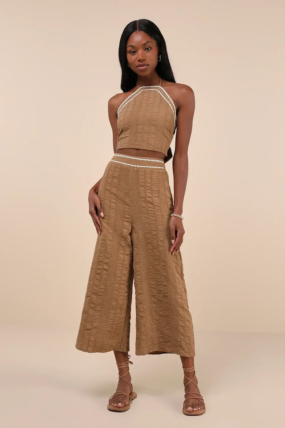 Sunny Textured Velvet Crop Sleeveless Top Wide-Leg Pants Set