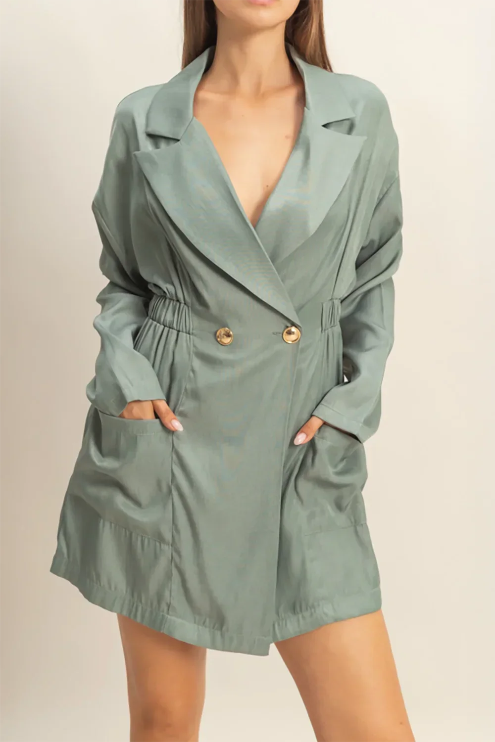 Long Sleeve Gold Button Ruched Waist Chambray Wrap Mini Shirt Dress
