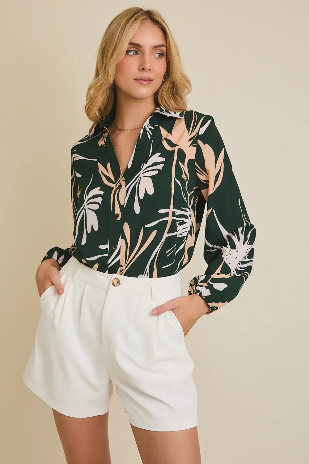 Plus Size Forest Green Tropical Botanical Print Button Down Long Sleeve Blouse