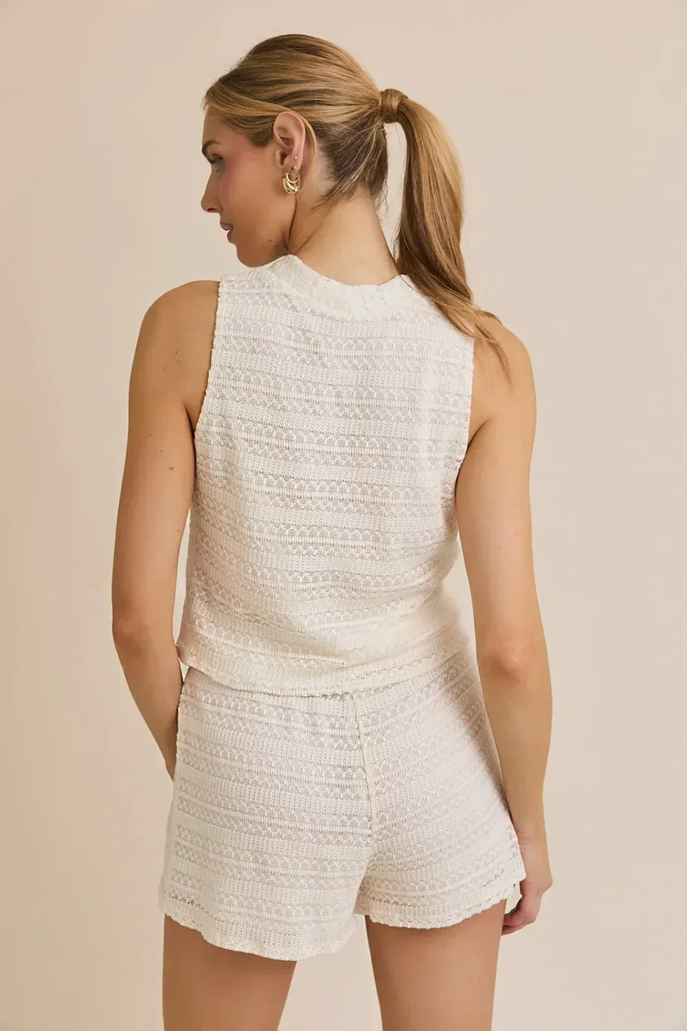 Plus Size Knit Button Up Crochet Top & Waist Tie Shorts Set