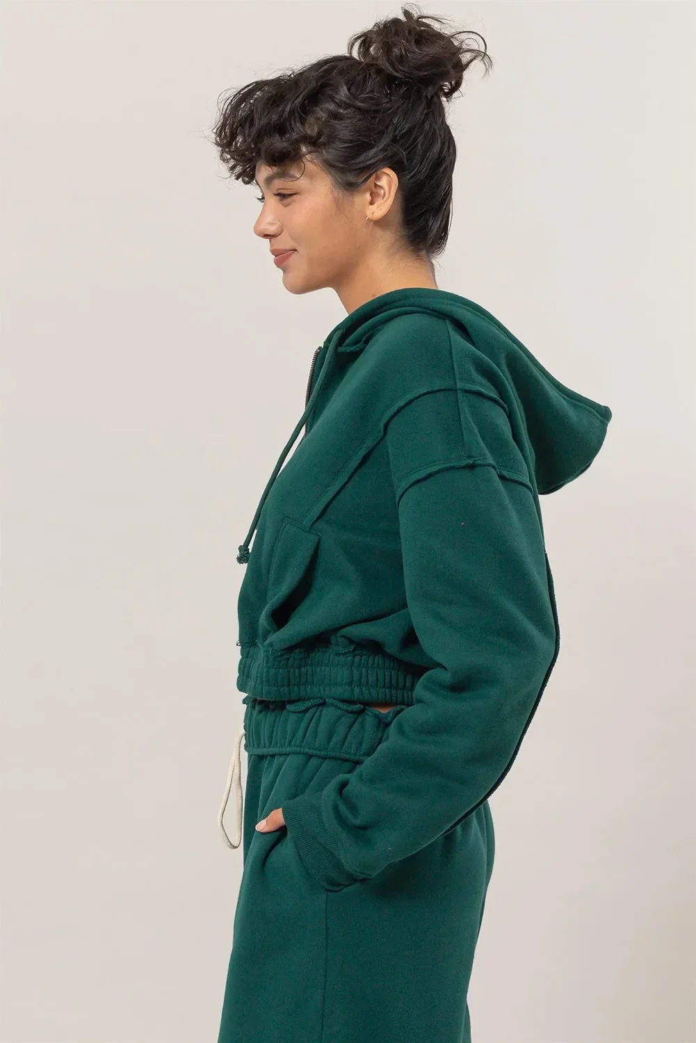 Cropped Zip Up Trendy Seam Detailing Fleece Fall Hoodie Jacket