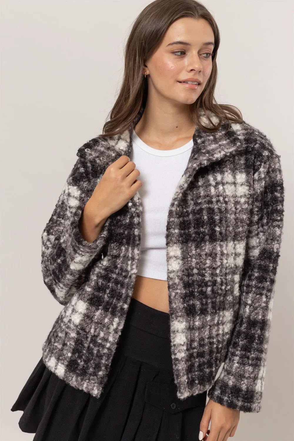 Plaid Collared Neck Front Button Side Pocket Boucle Jacket