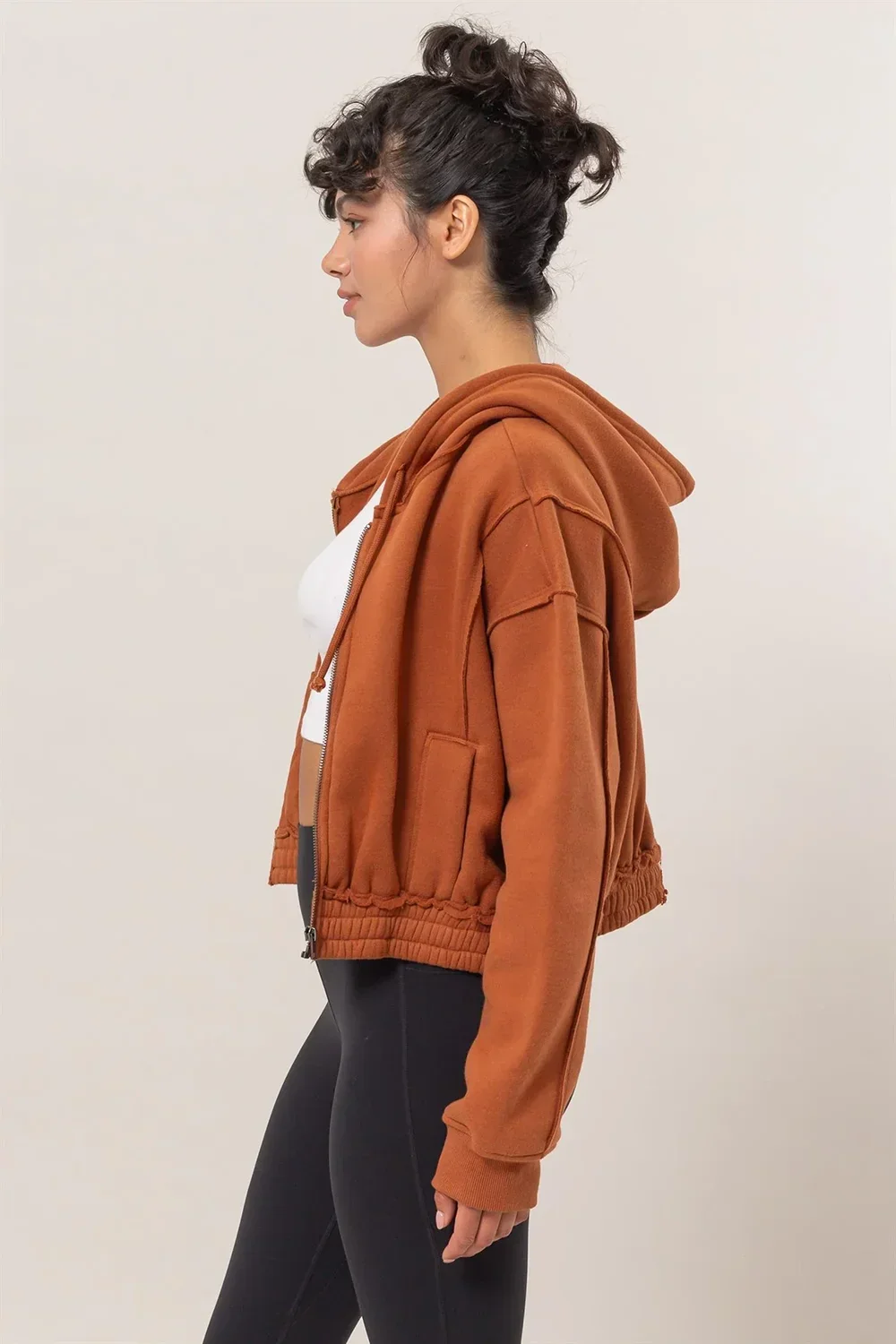 Cropped Zip Up Trendy Seam Detailing Fleece Fall Hoodie Jacket