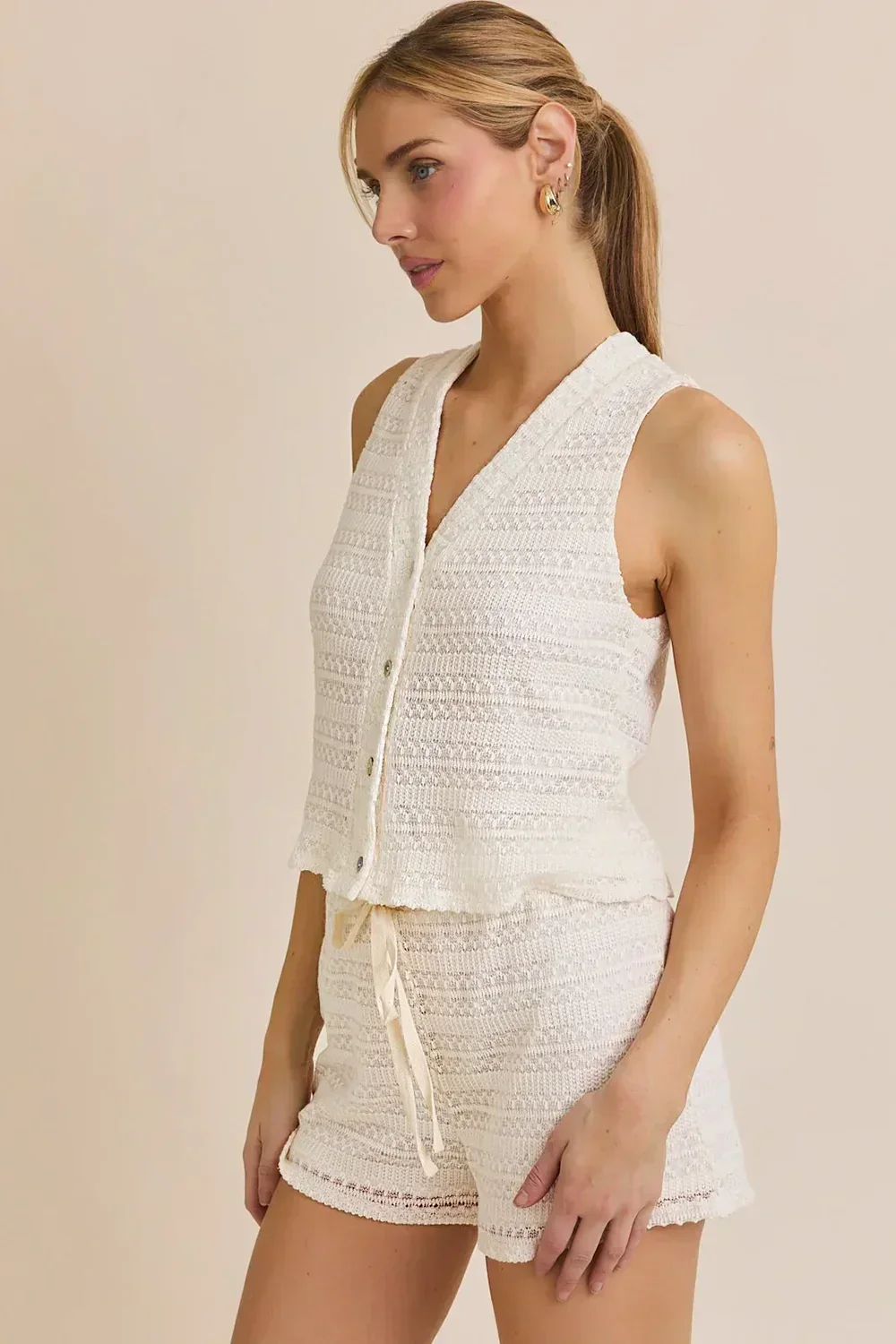 Plus Size Knit Button Up Crochet Top & Waist Tie Shorts Set