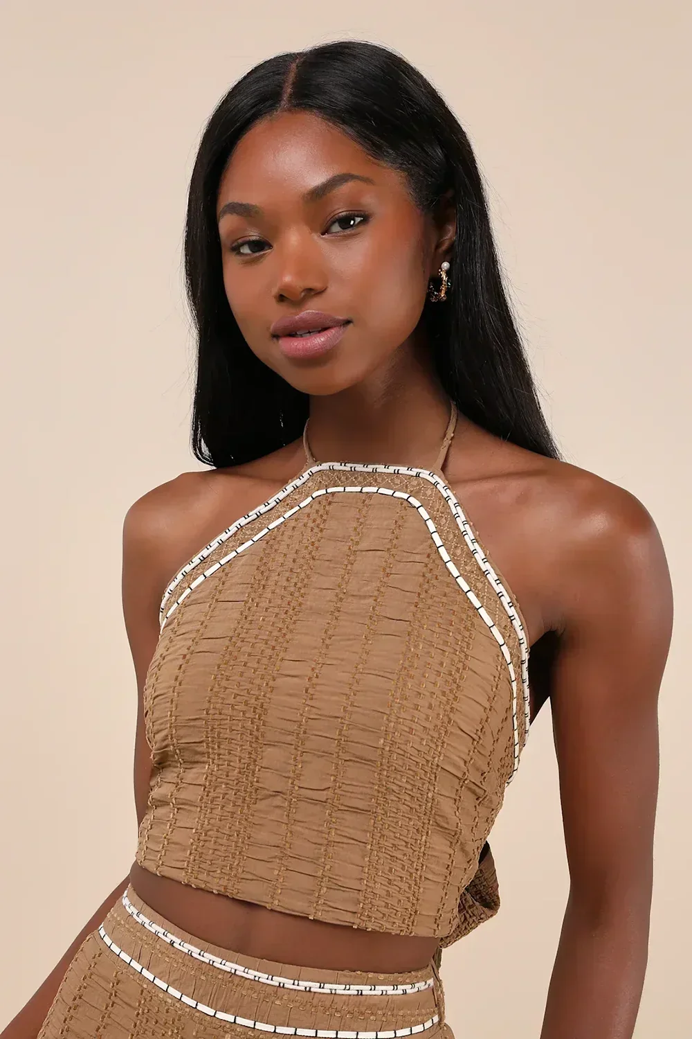 Sunny Confidence Tan Textured Velvet Sleeveless Bandeau Crop Halter Top