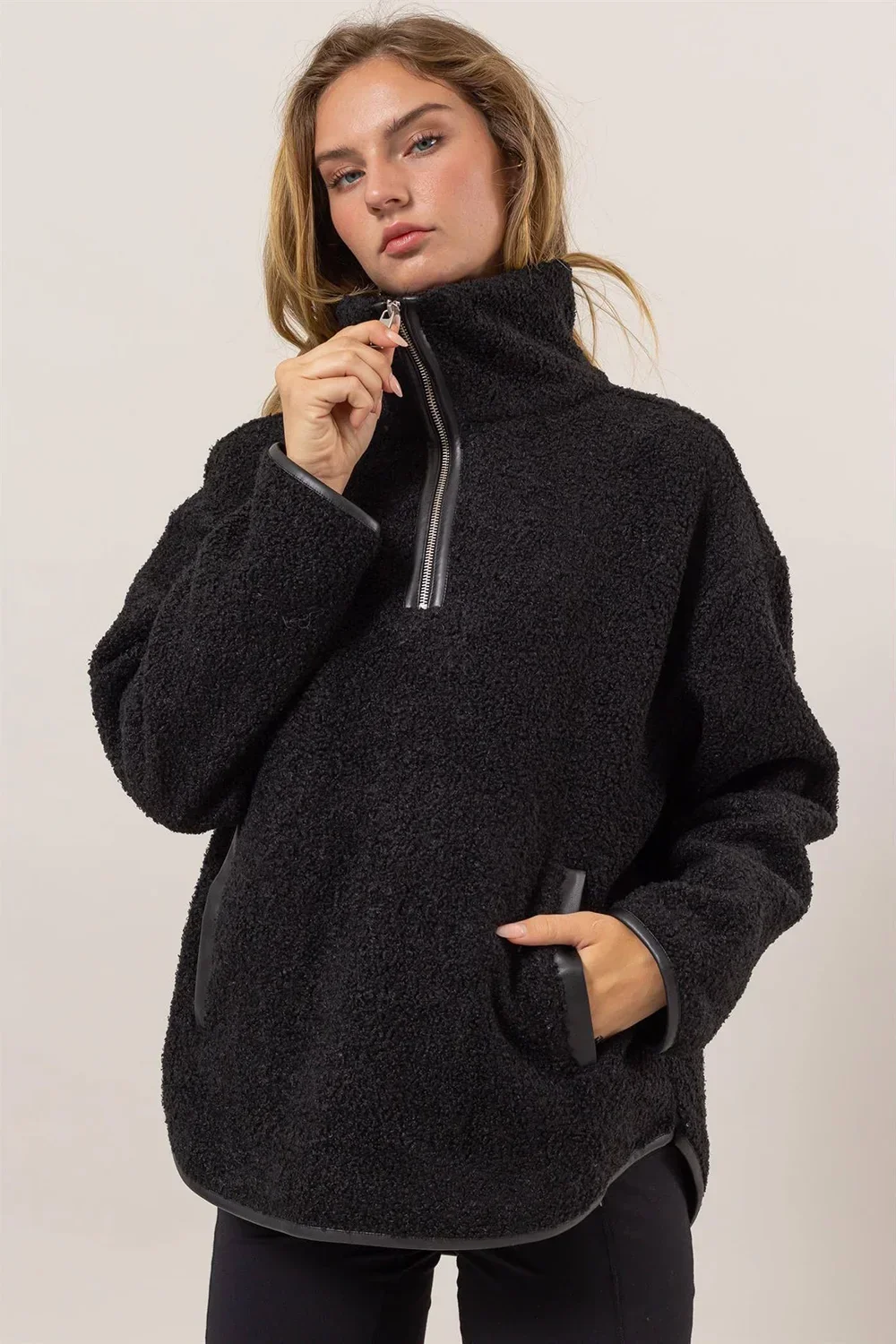 Sherpa Teddy Fleece Quarter Zip Pullover Contrast Trim Sweatshirt