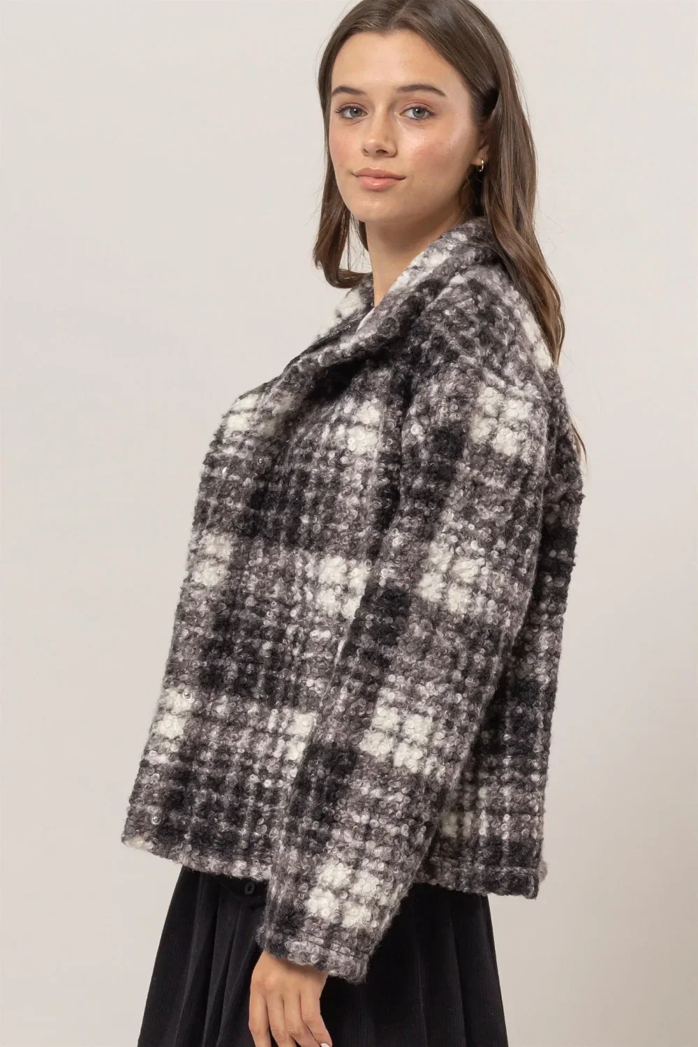 Plaid Collared Neck Front Button Side Pocket Boucle Jacket