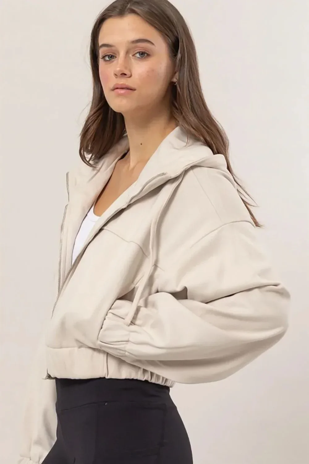 Heavy Weight Elastic Waist Side Pocket Zipper Up Hooded Crop Jacket