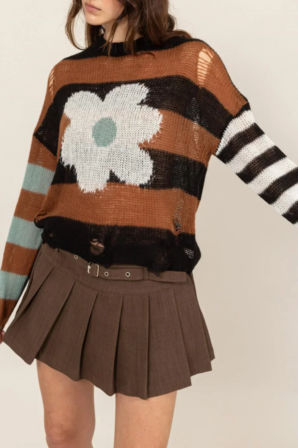 Colorblock Daisy Floral Print Distressed Mock Neck Lightweight Sweater