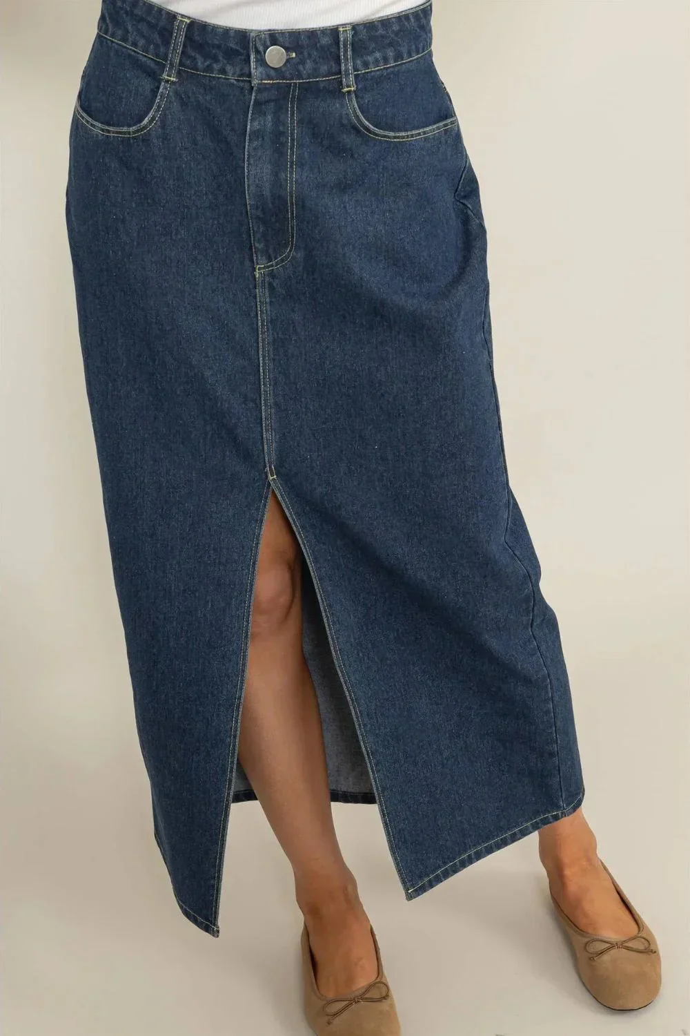 High Waisted Denim Skirt Front Slit Classic Blue Jean Boutique Midi Skirt