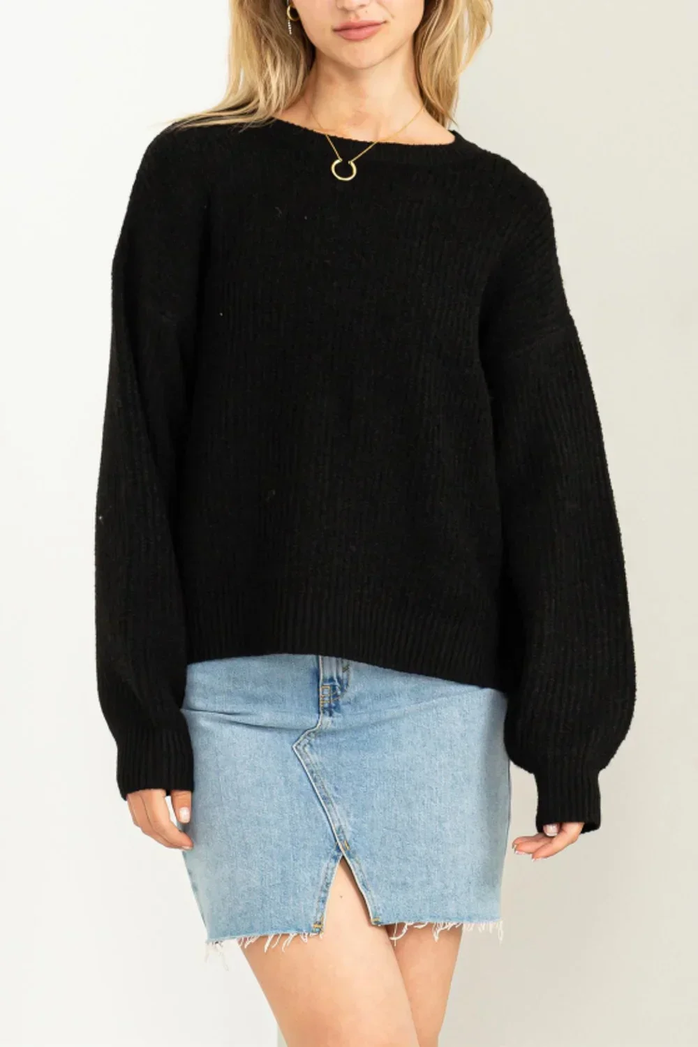 Balloon Sleeve Crew Neck Ribbed Knit Cozy Boutique Fashion Sweater