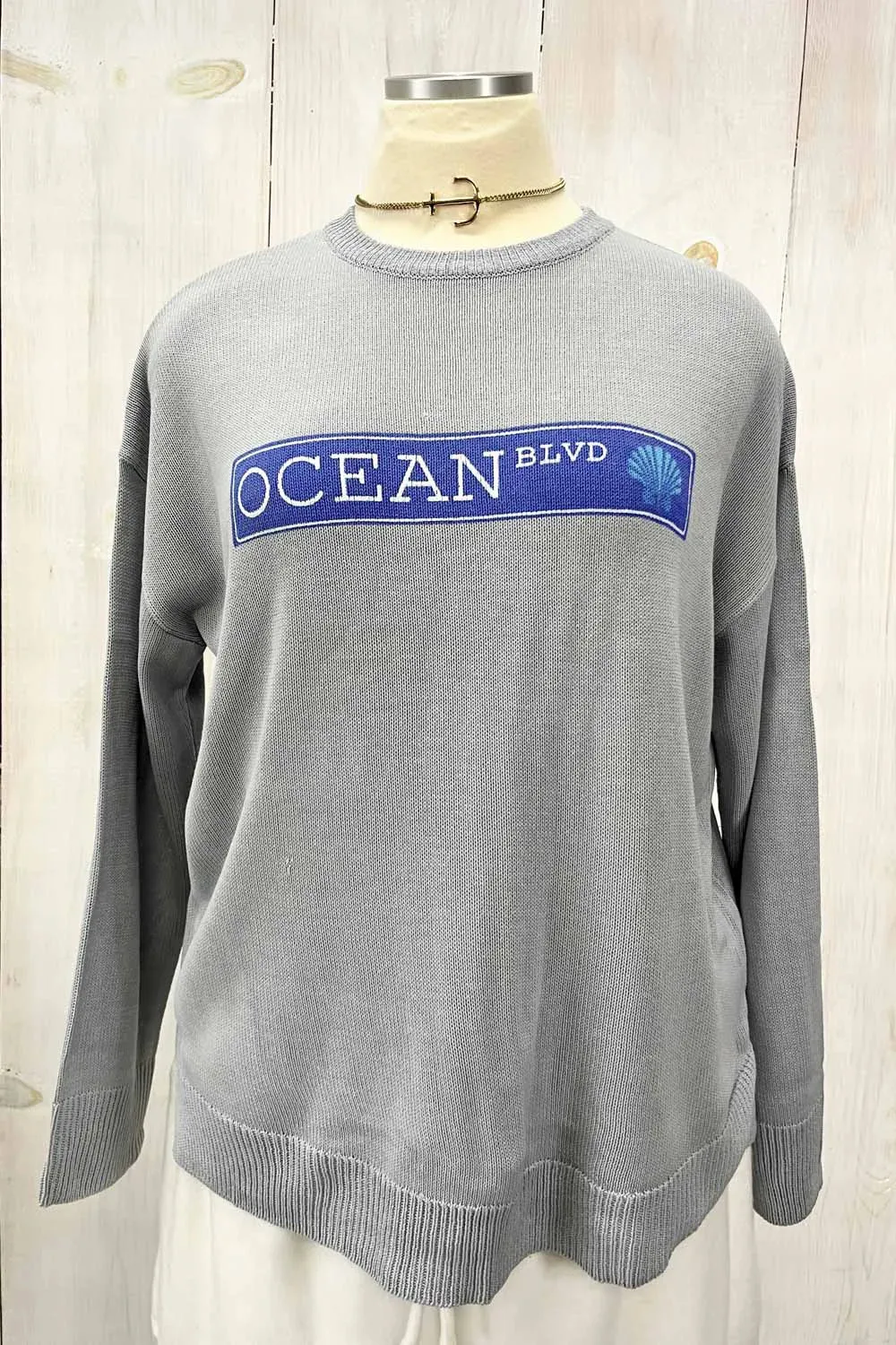 Plus Size OCEAN BLVD Graphic Knit Long Sleeve Crew Neck Boutique Sweater