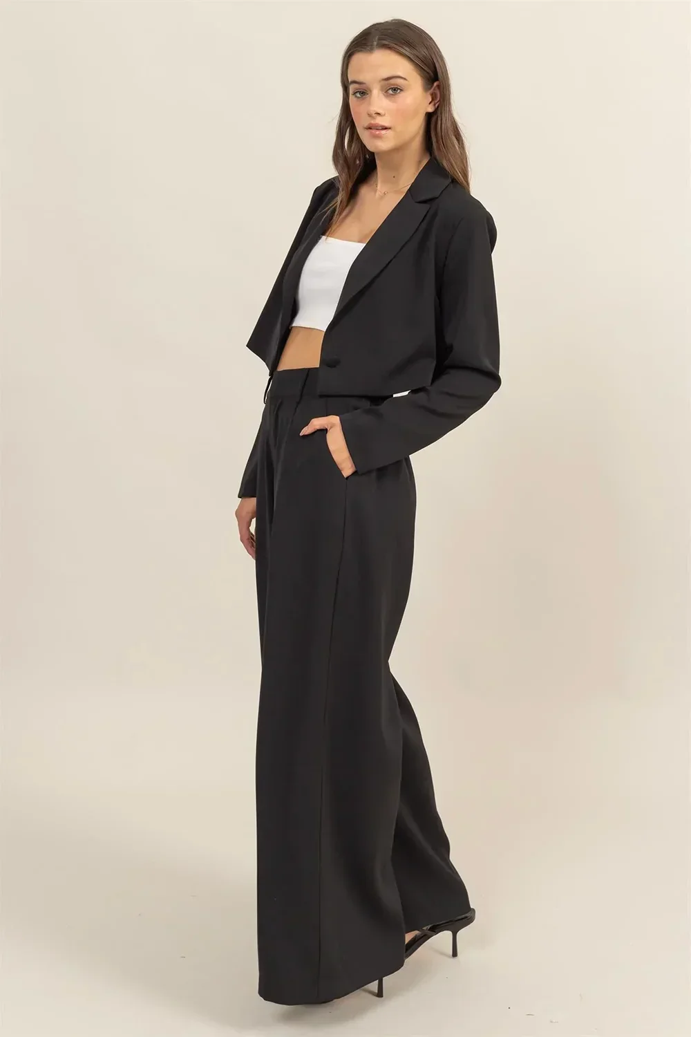 Cropped Blazer & High Rise Wide Leg Two-Piece Set