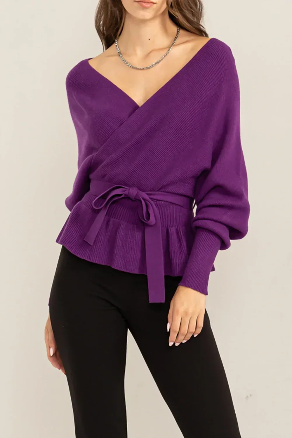 Long Sleeve Tiered Hen Wrap Front Knit Sweater with Crisscross Back Detail Top