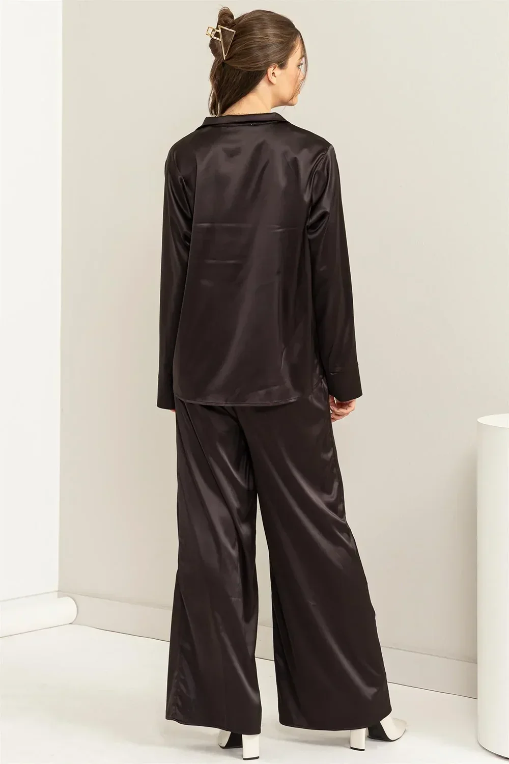 Satin 3 Piece Coordinated Crop Top Wide Leg Pants Blazer Set