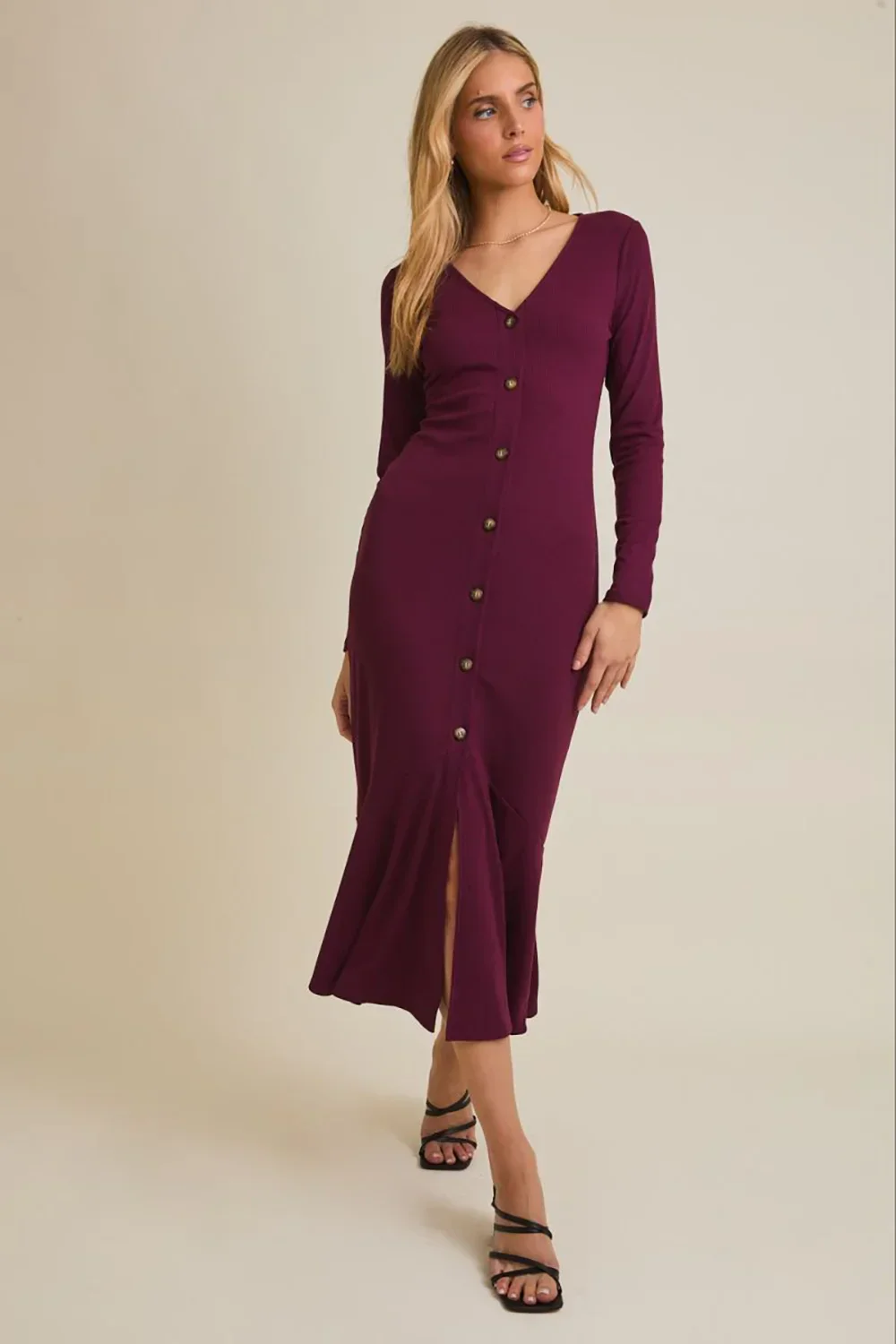 Plum Ribbed Button Front Long Sleeve V-Neck Midi Dress with Flare Hem