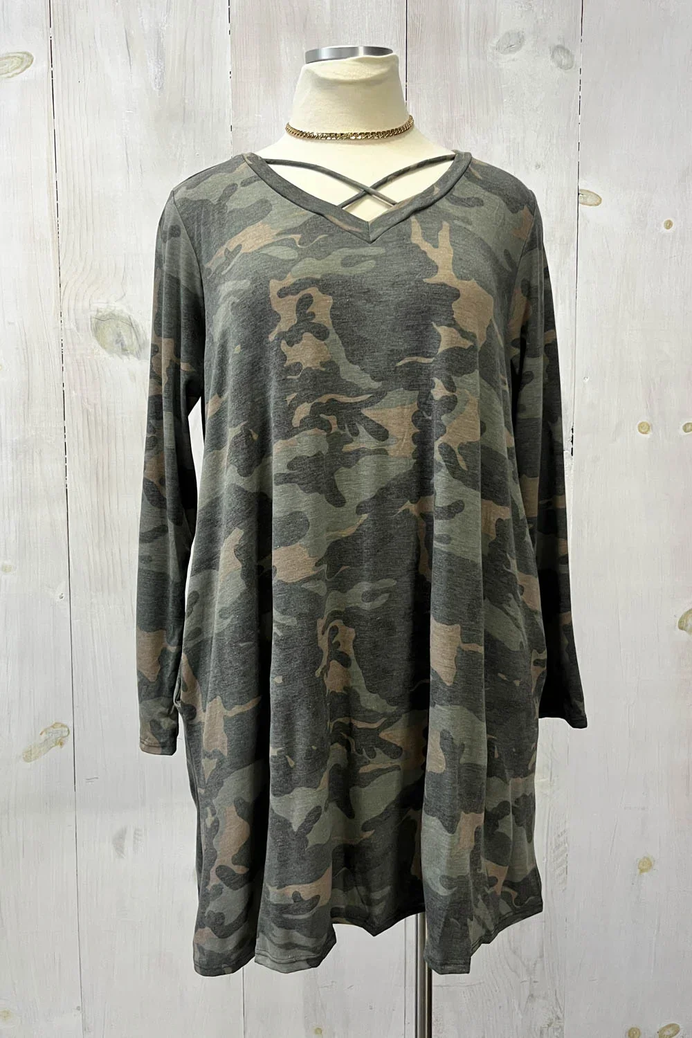 Plus Size Camo Long Sleeve Criss Cross Neckline Jersey Side Pockets Tunic Dress