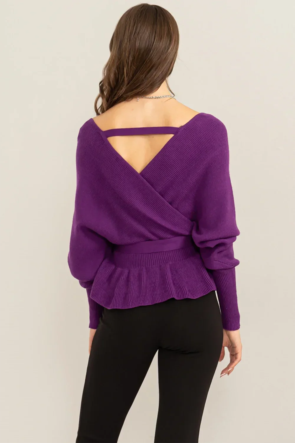 Long Sleeve Tiered Hen Wrap Front Knit Sweater with Crisscross Back Detail Top