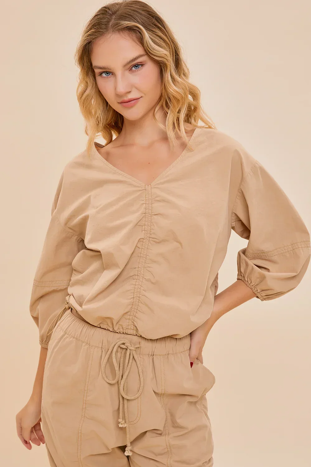 Safari Cotton Dreams Balloon Sleeve Tan Utility V-Neck Top