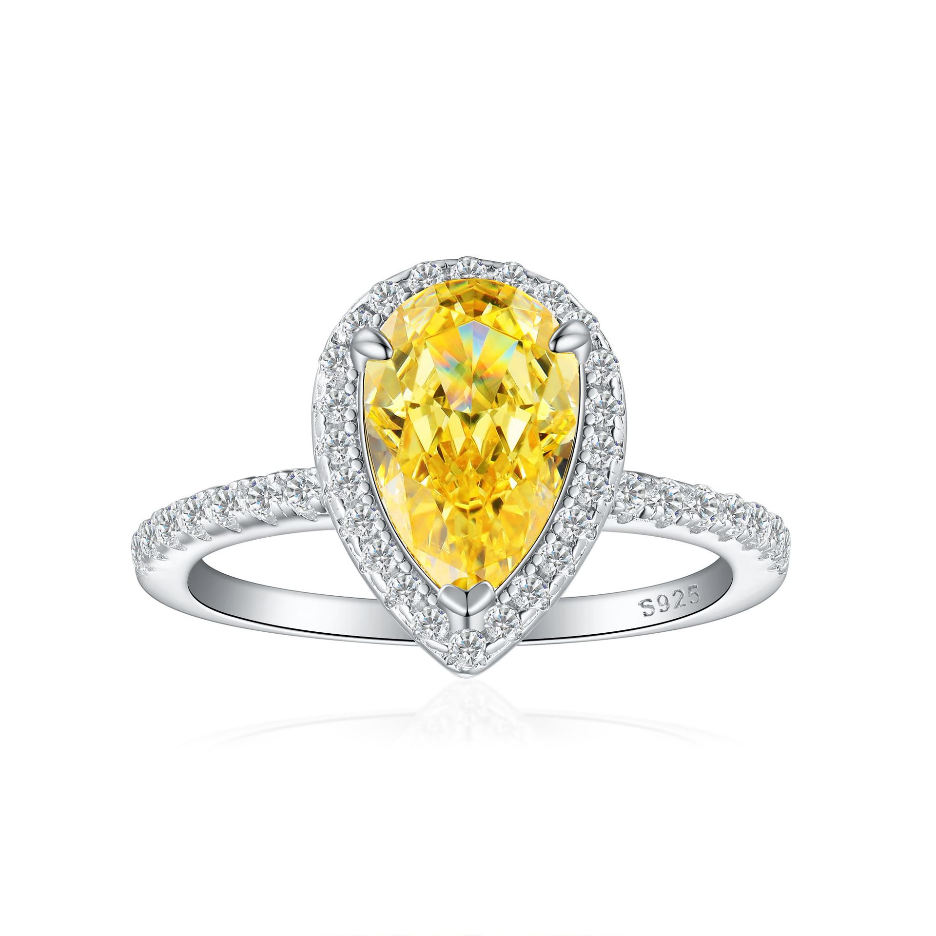 Luxurious S925 Silver Teardrop-Shaped Imitation Yellow Diamond Ring – 3 Carat High Carbon Diamond, Elegant Cocktail Jewelry for Women