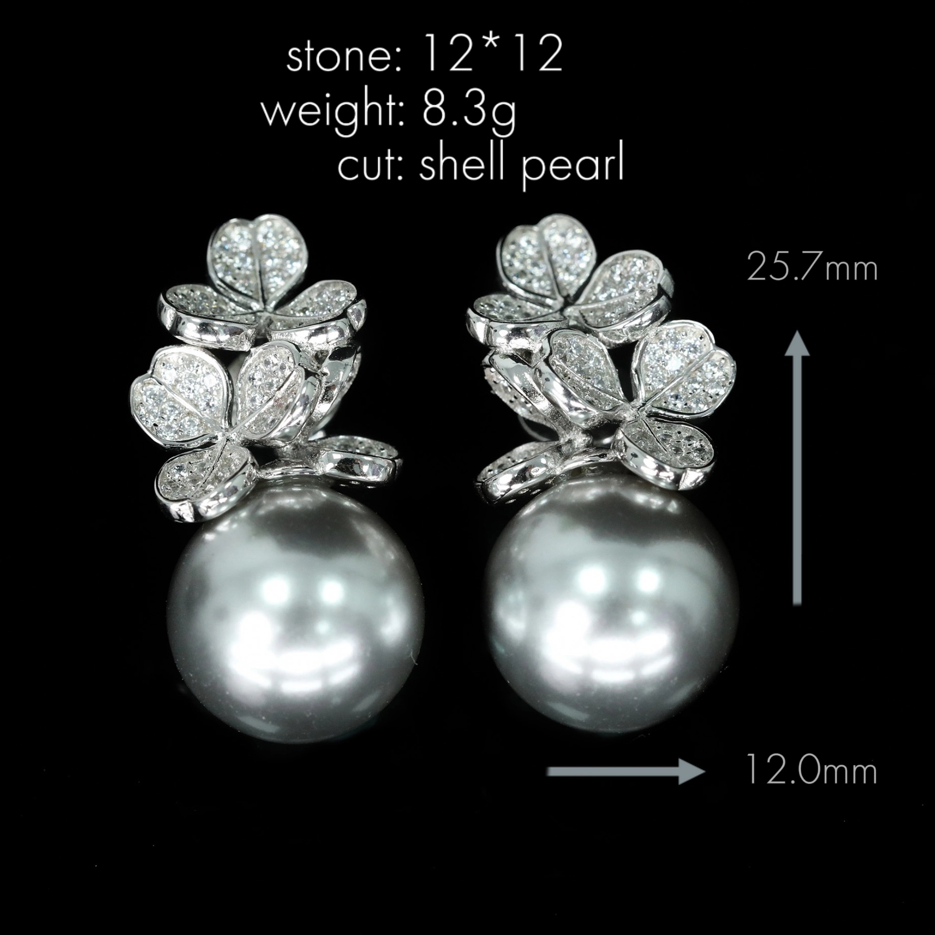 925 Silver Gold-Plated Seagull Gray Flower Earrings with High Carbon Diamond Accents