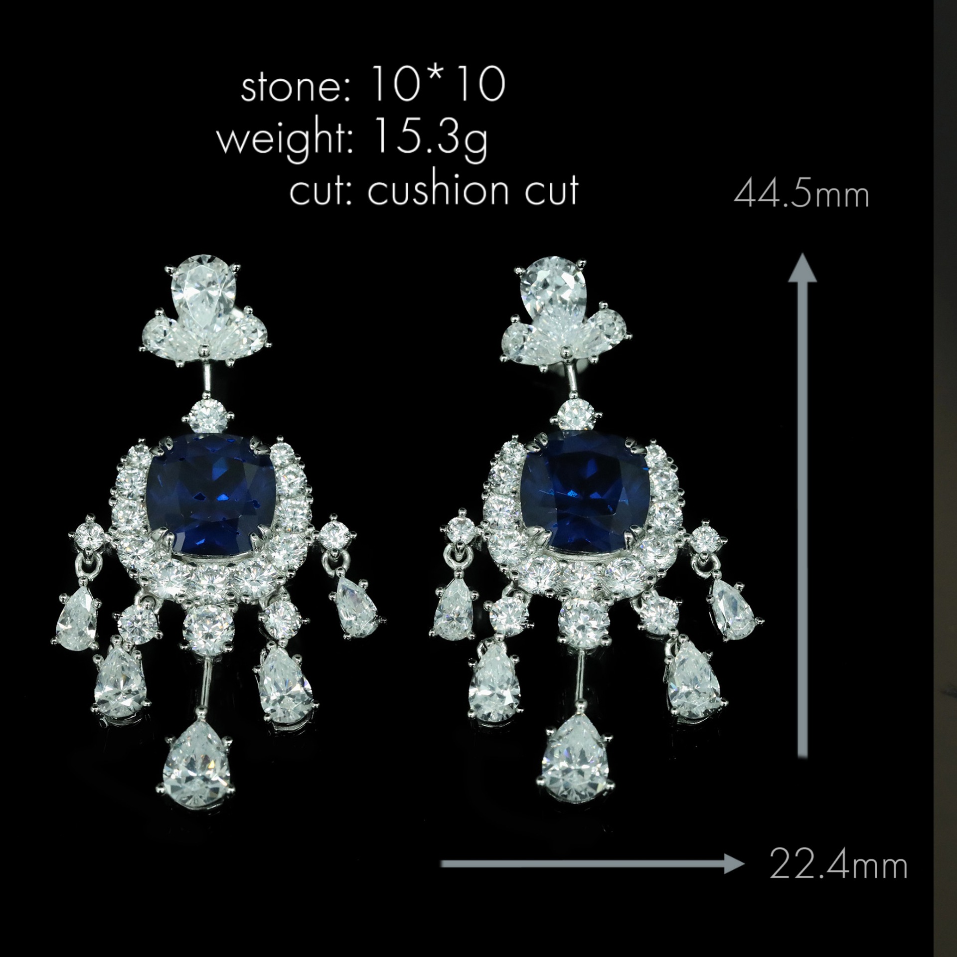 925 Silver Gold-Plated High Carbon Diamond Cultured Cobalt Tip Crystal Evening Earrings – Luxurious & Sophisticated Design