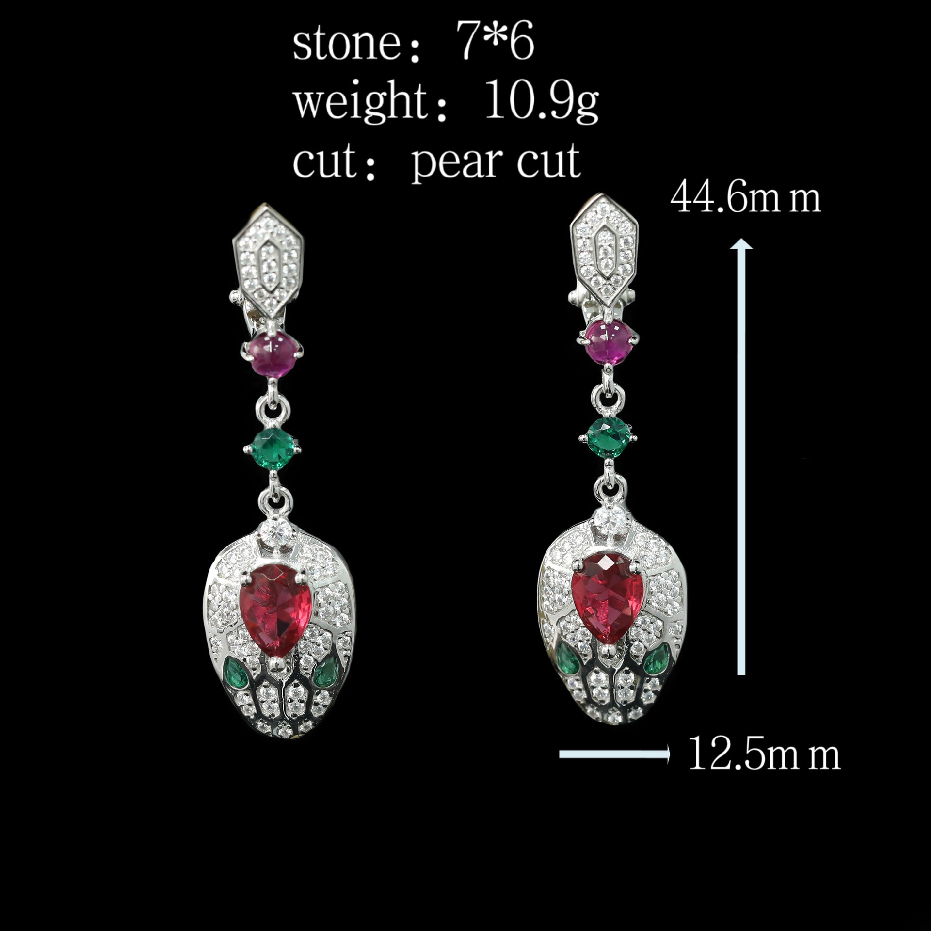 925 Silver High Carbon Diamond Snake Earrings with Pigeon Blood Red Accents – Elegant & Unique Design